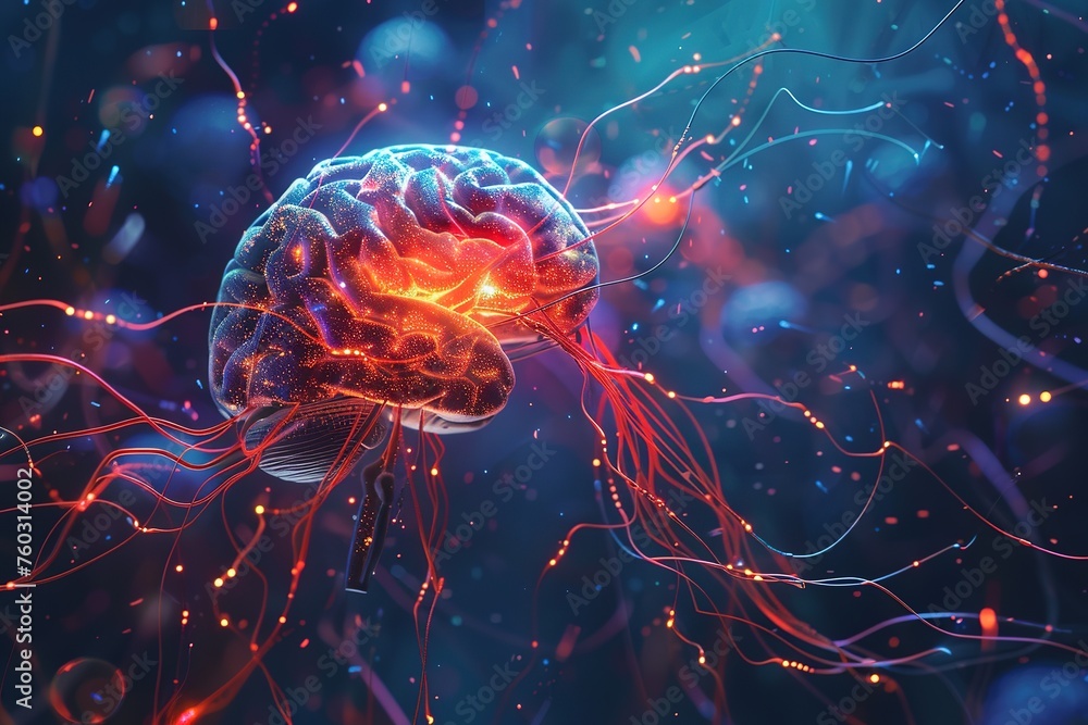 Aufkleber a glowing digital brain depicted with neural connections in an abstract space.