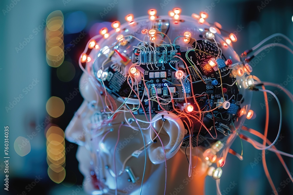 Aufkleber a mannequin head adorned with a complex network of illuminated wires and electronic components.