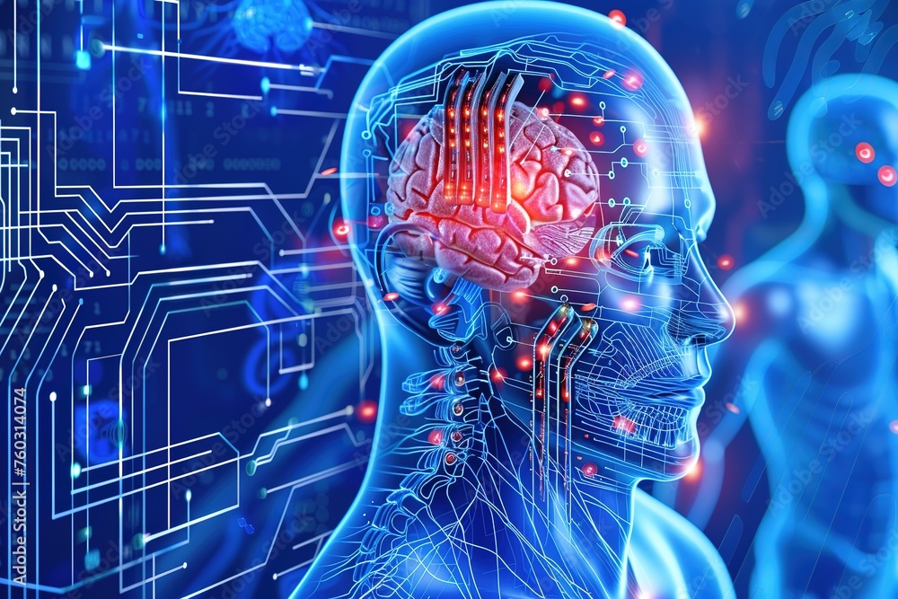 Poster digital representation of a human head with brain interface and circuitry overlay.
