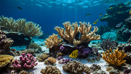 Naklejka na ściany i meble Oceanic Podium with a blurred or bokeh background of Coral Reef