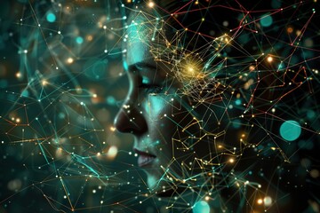 Close-up of a woman's profile with illuminated neural network lines and nodes overlay.