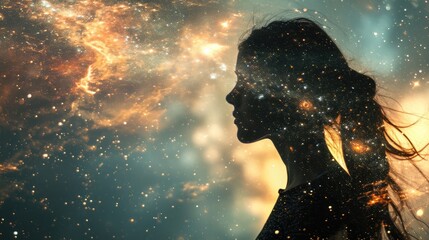 The double exposure picture of adult female human with galaxy or universe in great enormous space that starring into beautiful bright galaxy space that filled with uncountable amount of star. AIGX03. - obrazy, fototapety, plakaty
