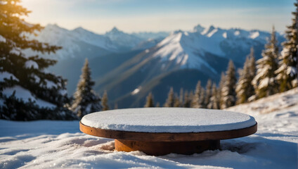 Reflective Podium with a blurred or bokeh background of a Snowy Mountain Landscape