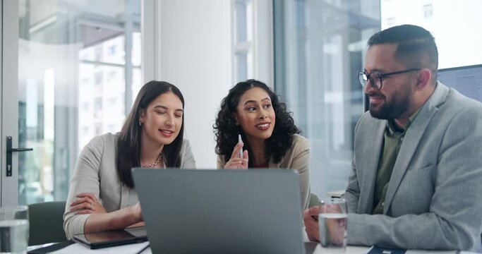 Team, planning and business people on laptop for discussion of strategy in office. Computer, happy group and financial advisor in meeting, cooperation and collaboration for brainstorming together