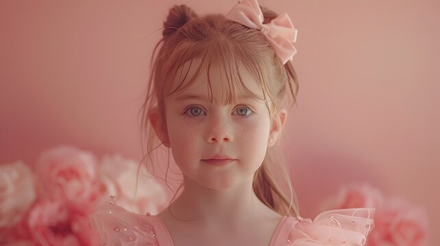 Five-Year-Old Ballerina in Pastel Floral Dreamscape: Closeup Portrait