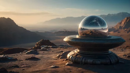 Gordijnen Sci Fi Podium with a blurred or bokeh background of Alien Planet Landscape © Gohgah