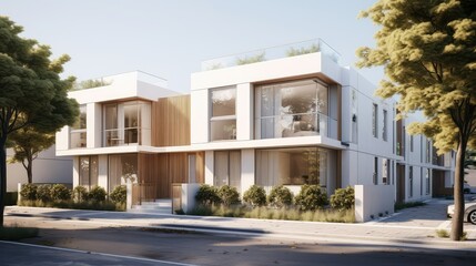 Fototapeta premium sleek modern townhouse building illustration contemporary urban, design architecture, spacious stylish sleek modern townhouse building