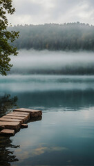Serene Podium with a blurred or bokeh background of Misty Lake View