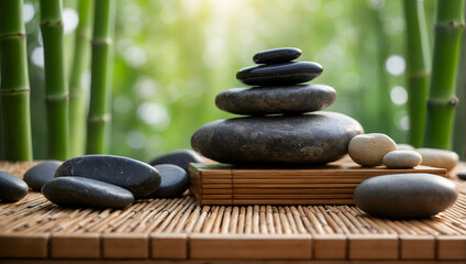 Spa Podium with a blurred or bokeh background of Bamboo and Stones