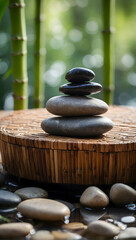 Spa Podium with a blurred or bokeh background of Bamboo and Stones