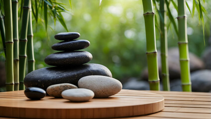 Spa Podium with a blurred or bokeh background of Bamboo and Stones