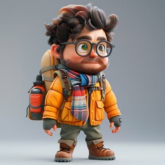 An adventurous 3D cartoon character illustration ready for exploration, standing confidently against a solid backdrop with a sense of determination