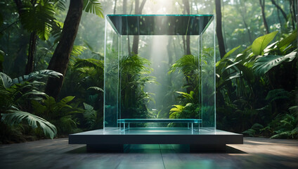 Transparent Podium with a blurred or bokeh background of Rainforest Canopy