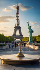 Travel Podium with a blurred or bokeh background of World Landmarks