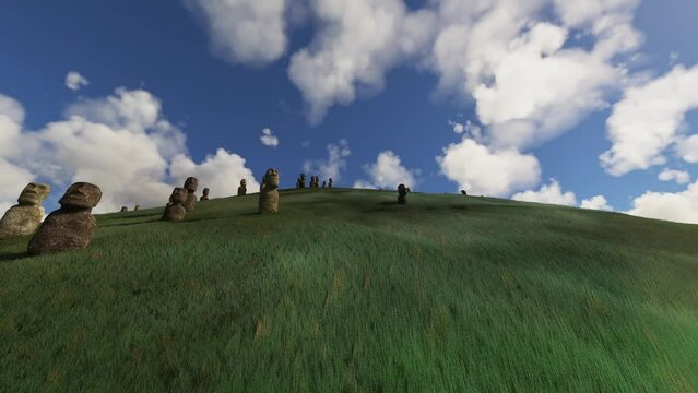 Aerial drone view of Moai Tukuturi on Easter Island. Chile