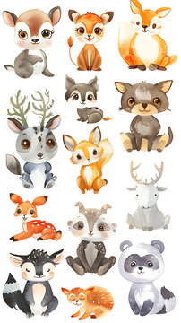 Sheet of Cartoon Animals in Watercolor Style on a White Background: Colorful Animal Drawings, Generative Ai