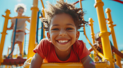 Smiling Excited Kids Having Fun Together on Playground: Energetic Kids Playing Happily Outside, Generative Ai