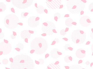 ピンクの桜の花びらとドットとストライプ柄の円のパターン背景