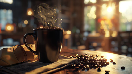 Steaming cup of coffee on a table awaits a morning pick-me-up - obrazy, fototapety, plakaty
