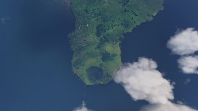 Top aerial drone view of Mataveri Airport and Hanga Roa on Easter Island. Chile