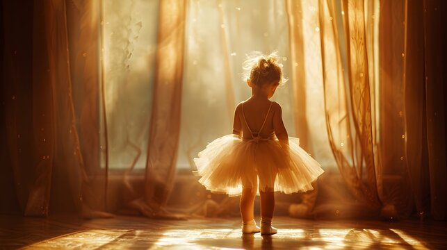 A Toddler Ballerina Poised on Stage in Golden Light