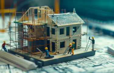A construction site with miniature workers and tools, building a model of a house from blueprints or architectural drawings