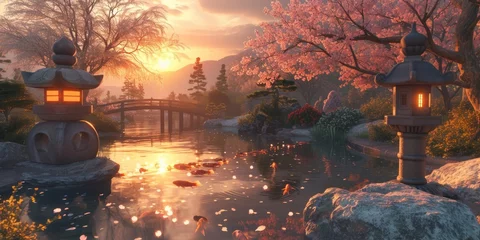 Deurstickers The warm sunset glow reflects on the tranquil waters of a koi pond by a traditional Japanese pavilion, surrounded by the soft pink hues of cherry blossoms. Resplendent. © Summit Art Creations