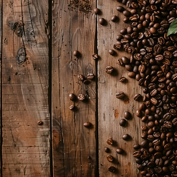 Close-up of brown beans scattered on a rustic wooden table