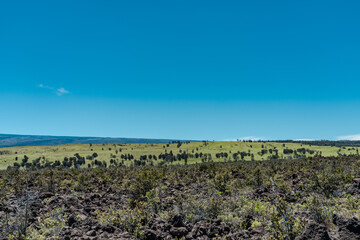 The Ranch and lava flows of the southeastern flank of Mauna Loa. Mamalahoa Hwy / Hawaiʻi Belt Rd, Hawaiʻi Volcanoes National Park. Hawaii island / big island. shield volcano