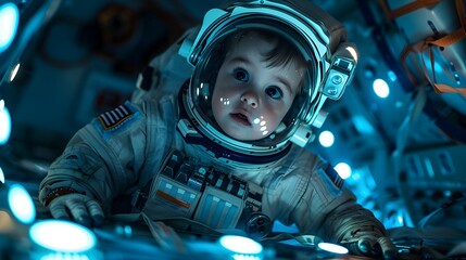 Toddler Astronaut in Awe: Exploring the Starlit Spaceship Interior - obrazy, fototapety, plakaty