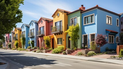 Fototapeta na wymiar Colorful stucco finish traditional private townhouses. Residential architecture exterior.