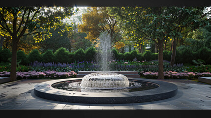 the integration of smart technology in modern fountain designs, allowing for customizable water patterns and synchronized music for an immersive garden experience High detailed and high resolution - obrazy, fototapety, plakaty