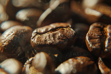 Close-up of shiny, roasted coffee beans for a delicious and aromatic cup of coffee