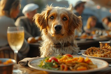 Dog at table, friends dining, cozy atmosphere. - obrazy, fototapety, plakaty