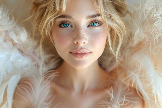 Ethereal Blonde Beauty with Feathered Wings, Illustration Portrait in Color. Generative AI.
