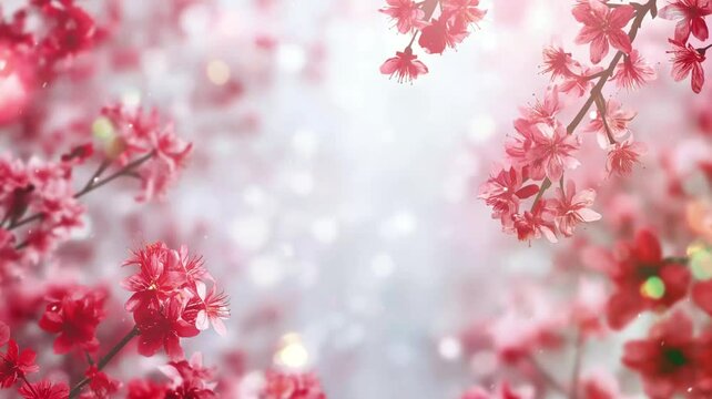Close-up video red cherry blossoms with sparkling gold, seamless 4k video