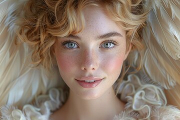 Ethereal Blonde Beauty with Feathered Wings, Illustration Portrait in Color. Generative AI.
