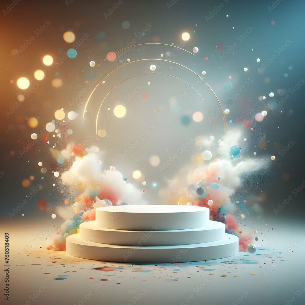 Poster photoreal 3d with artistic podium with a blurred or bokeh background of paint splatter canvas (1).jp