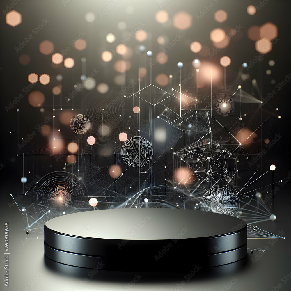 Poster photoreal 3d with glossy black podium with a blurred or bokeh background of abstract geometric patte