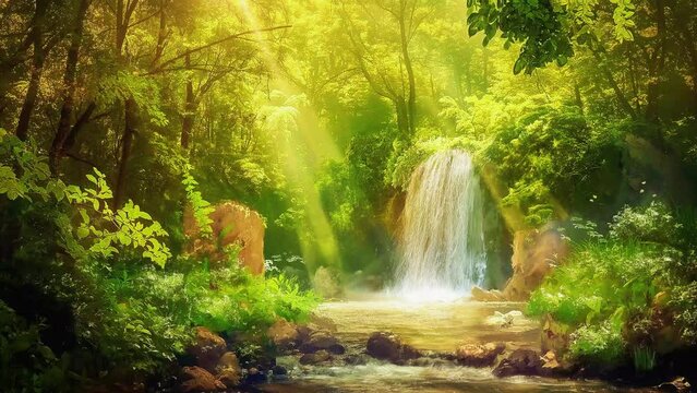 Serene waterfalls in a lush spring forest with sunshine, butterflies fluttering, anime landscape seamless looping 4k video
