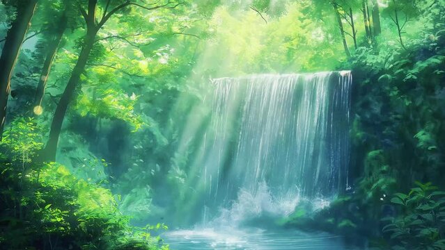 Waterfall in spring forest lush with morning sunshine, butterflies flitting around, anime landscape 4k video