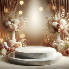 Fototapeta na wymiar Photoreal with Elegant Marble Podium with a blurred or bokeh background of Floral Arrangement (1).jpg