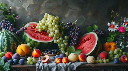 Fresh summer fruits on the table are beautifully decorated, arranged to perfection, Generative Ai - obrazy, fototapety, plakaty