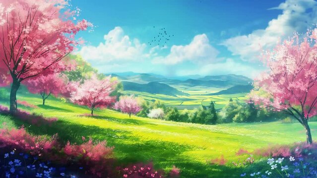 Anime spring landscape of green grass and flower fields with beautiful blue sky