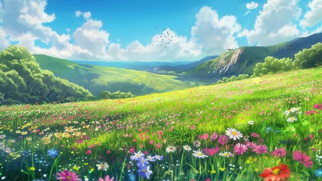 Anime spring landscape of green hills with beautiful wildflower fields and butterflies 