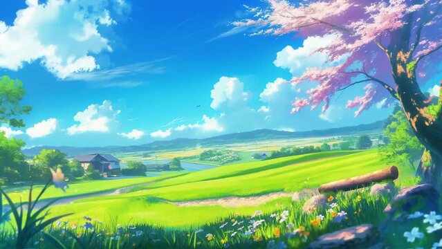 Anime spring landscape of cherry trees with fields of wildflowers and butterflies 