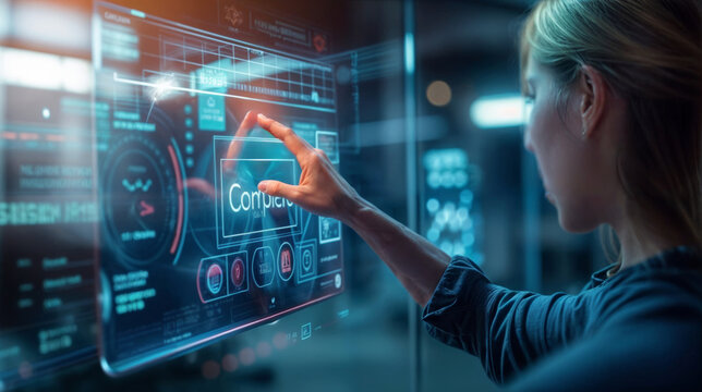 Close up of businesswoman using interactive touchscreen interface in office. - Powered by Adobe