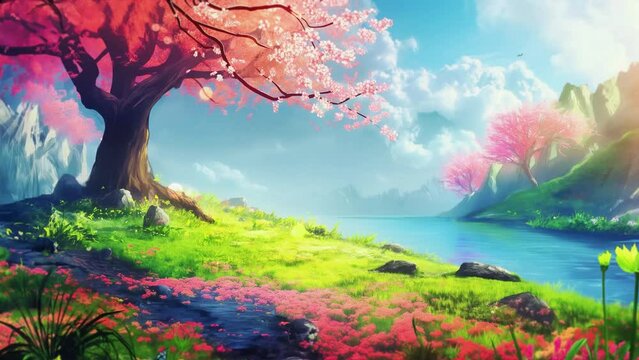 Anime spring landscape of cherry trees near the river and wildflowers