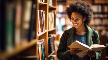 A young smiling black woman is reading an interesting book standing next to the bookshelves in the library. Knowledge, Reading, Hobbies and leisure concepts. Horizontal photo from copy space. - obrazy, fototapety, plakaty
