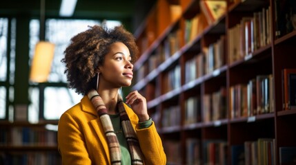 African-American girl, teenager, student choosing a book among the bookshelves in college library. Knowledge, Reading, Homework, Literature, Science, School, Hobbies and Leisure concepts. Copy Space. - obrazy, fototapety, plakaty